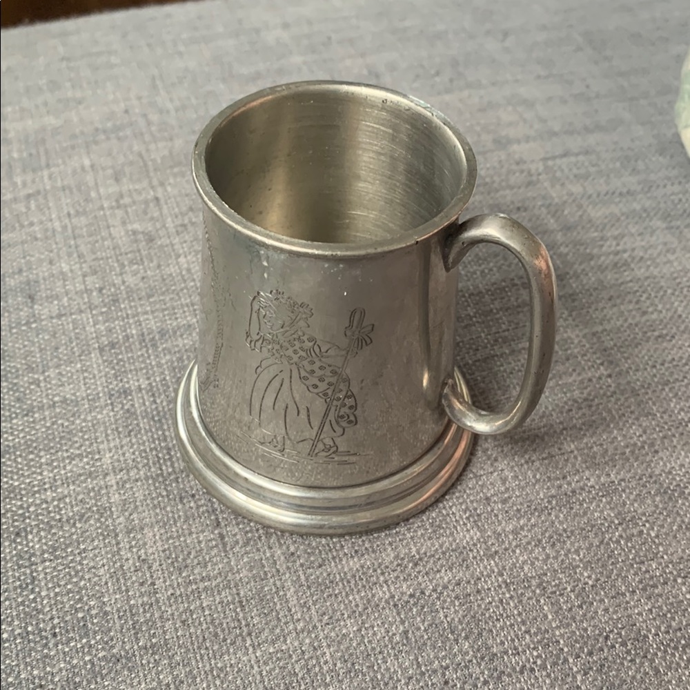 Vintage English Pewter Silver Mug with “Little Bo-peep” Engraved Design
